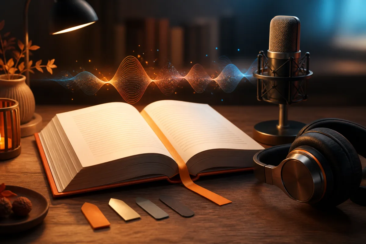 Open book beside headphones, a studio microphone, and a flowing audio waveform