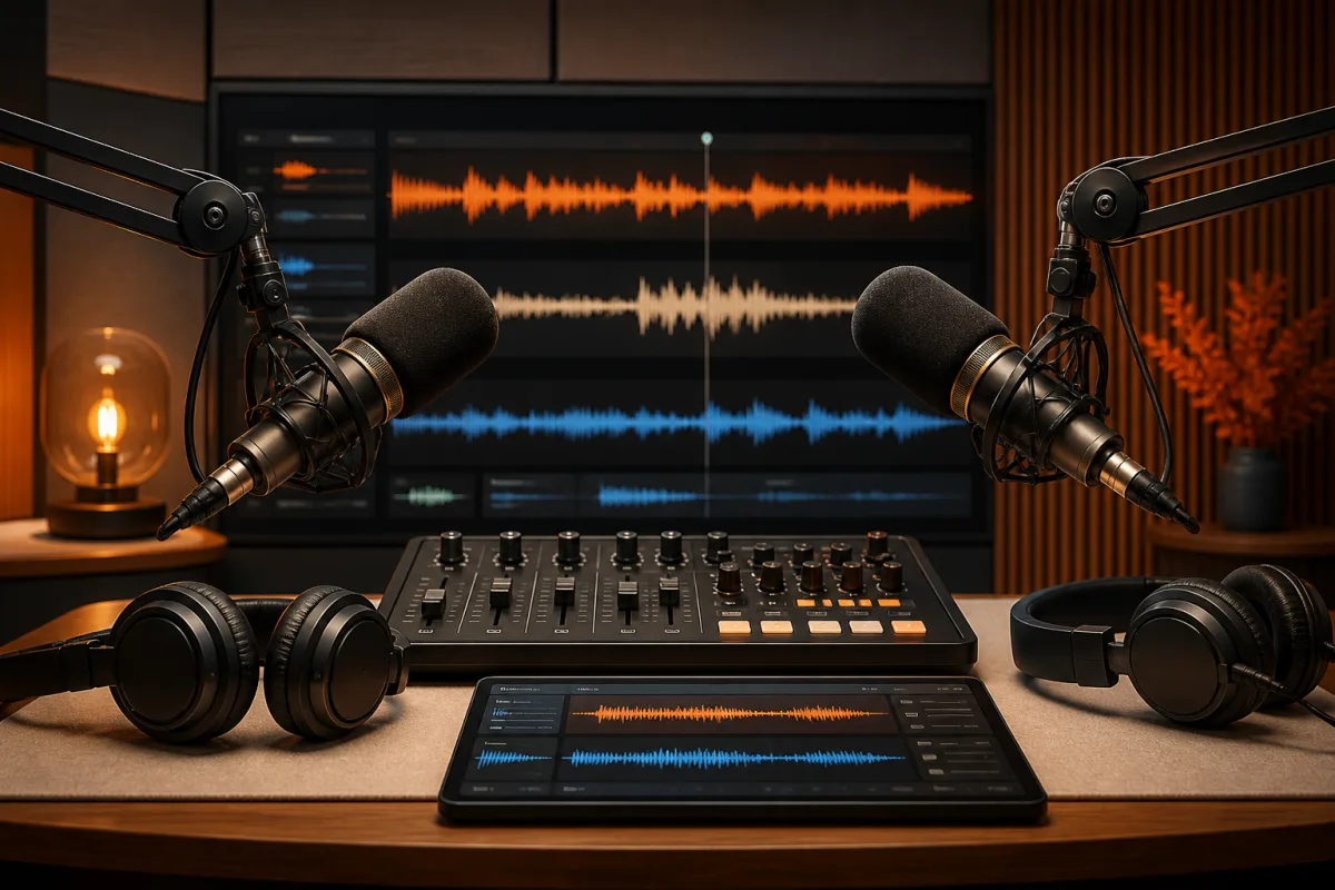 Two podcast microphones facing a mixer and multitrack audio waveforms