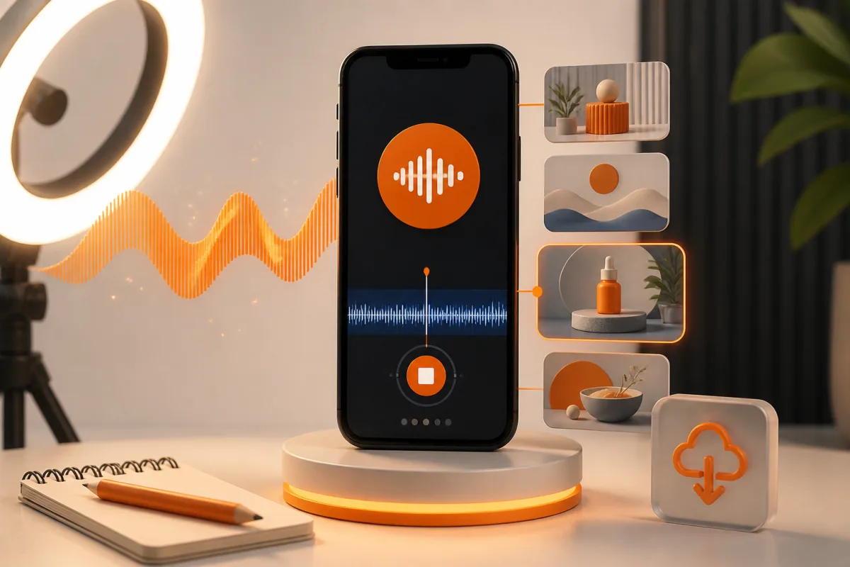 Vertical phone creator set with a ring light, scene cards, and audio waveform