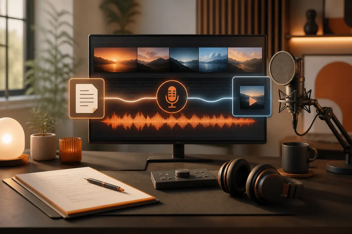 Video editing workspace with a microphone, script, and glowing audio waveform