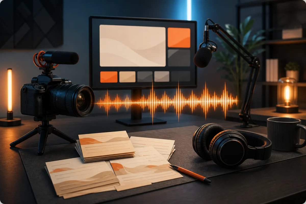 Creator studio with a camera, microphone, headphones, and audio waveform
